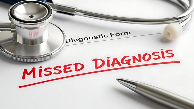 Medical malpractice concept showing a stethoscope on a diagnostic form indicating missed diagnosis error