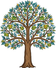 Obraz premium Illustrated Fruit Tree with Green Leaves and Yellow Fruits