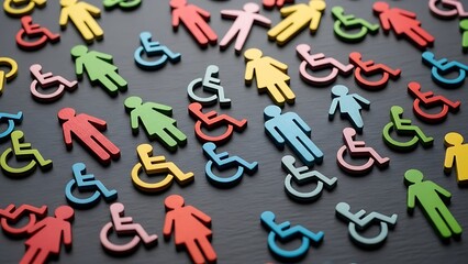Colorful wooden icons representing diversity gender equality and accessibility needs scattered across a surface.