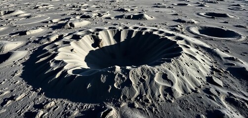 Vast, shadowed lunar crater landscape, rugged texture,  rocky,  lunar landscape