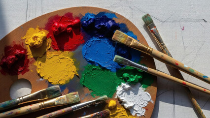Wooden art palette with colorful oil paints and brushes, creative artist concept