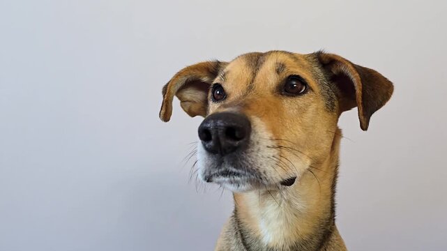 Dog looking at camera with copyspace for text. Pet advertising template. dog sits and turns its head, looking around and directly at the viewer, with ample clean space copy space on one side