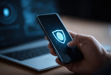 Close-up of smartphone with fingerprint shield symbolizing digital security