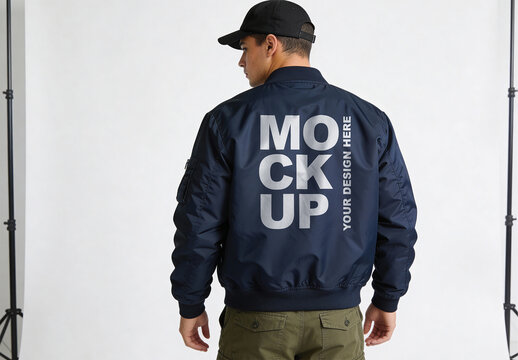 Navy Blue Bomber Jacket Back View Mockup