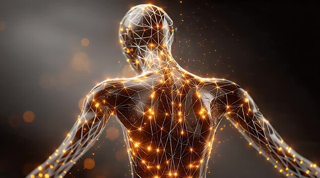 A human figure's back with a network of glowing orange lines and dots on a dark background