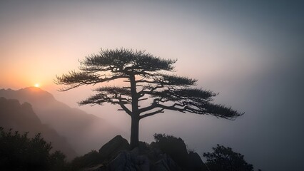 Ethereal Misty Mountain Landscape with a Single Pine Tree at Sunrise
