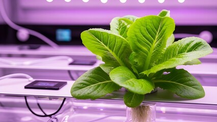 Hydroponic Lettuce with Purple LED Grow Lights Smart Agriculture Concept