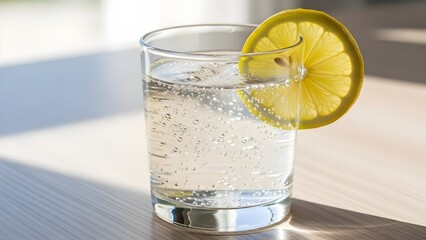 Refreshing Glass of Clear Water with Lemon Slice and Bubbles on Wooden Table
