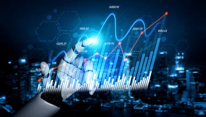 A futuristic robotic hand interacts with vibrant financial graphs and charts, symbolizing the convergence of technology and finance in a modern digital landscape. Scalp