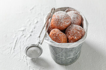 Homemade and fresh mini doughnuts baked at home bakery.