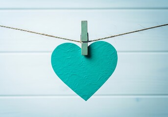 Turquoise Heart Hanging on Jute Twine with Clothespin Against Light Wooden Wall