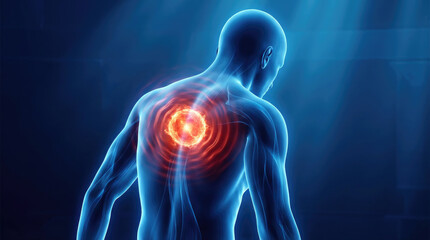 Anatomical representation of a human torso with a glowing red circular area on the back against a gradient blue background