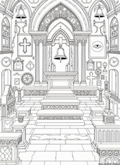 Fototapeta premium Intricate Black and White Church Interior Drawing with Altar