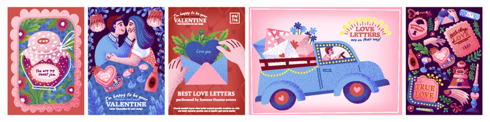 Happy Valentine's Day. Cute vector illustrations of a jam jar, a loving couple at a festive table, hands holding a Valentine's heart and envelope, a truck with love letters and other objects suitable 