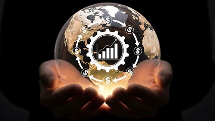 Hands holding a globe with financial growth graph and dollar signs overlay on a black background