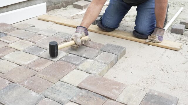 Man working on his home DIY project building a paver patio in his back yard