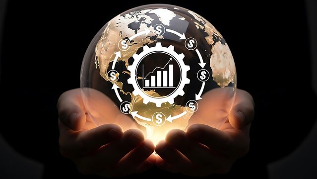Hands holding a globe with financial growth graph and dollar signs overlay on a black background - Powered by Adobe