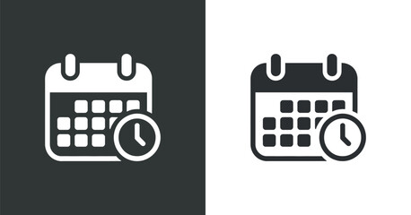 A minimalistic black and white illustration depicts a calendar icon with a clock symbol presented in a dual tone design for visual contrast