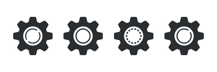 A collection of four distinct black gear icons presented in a linear arrangement showcasing variations in internal detailing high quality