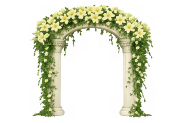 Wedding arch with cream flowers and green vines on white stone columns, transparent background cutout