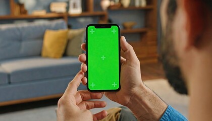 Man Holding a Smartphone with a Green Screen in a Living Room.