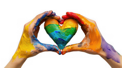 Two hands covered in vibrant rainbow paint forming a heart shape a symbol of love on transparent background