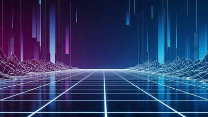 Abstract digital landscape with wireframe grid and data streams in a futuristic cyber realm