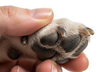 Detailed look at a dog's paw held gently by a human hand.