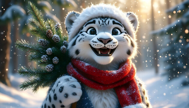 Snow leopard with Christmas tree