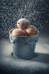 Yummy and hot mini doughnuts baked at home bakery.