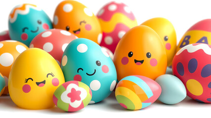 Niedliche Ostereier mit l&auml;chelnden Gesichtern und Punkten f&uuml;r Kinder auf Wei&szlig;em Hintergrund