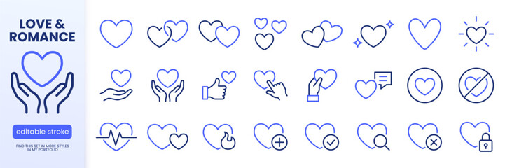 Valentine day line icon set. Heart romantic shape, love, passion, relationship, charity giving minimal vector illustrations. Simple outline signs social media. Blue duotone pictogram. Editable Stroke