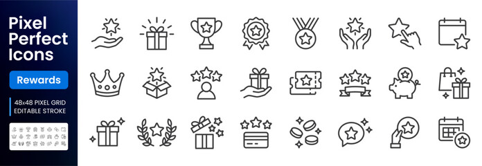 Loyalty and reward line icon set. Gift, VIP badge, trophy, loyalty card, redeem point minimal vector illustrations. Simple outline signs for bonus programs. 48x48 Pixel Perfect. Editable Stroke
