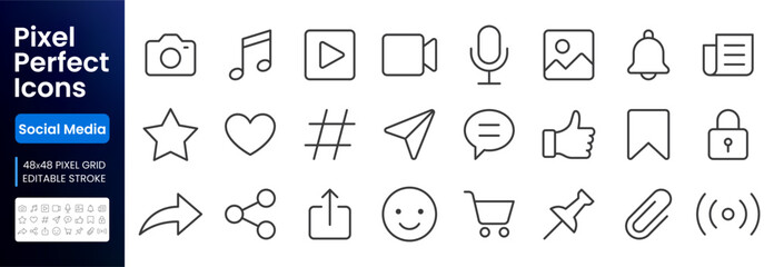 Social media line icon set. Camera, chat bubble, heart, notification bell, shopping cart vector illustrations. Simple outline signs for internet sns communication. 48x48 Pixel Perfect. Editable Stroke