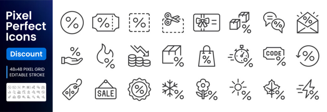Discount and sale line icon set. Coupon, promo code, gift card, shopping bag, flash deal minimal vector illustrations. Simple outline signs for retail offers. 48x48 Pixel Perfect. Editable Stroke