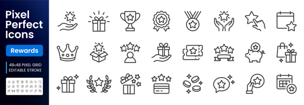 Loyalty and reward line icon set. Gift, VIP badge, trophy, loyalty card, redeem point minimal vector illustrations. Simple outline signs for bonus programs. 48x48 Pixel Perfect. Editable Stroke