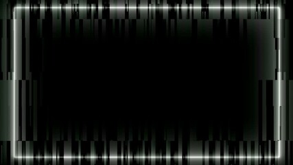 Abstract white neon glowing rectangular frame with digital glitch texture on black background - Powered by Adobe