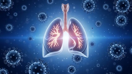 An illustration of human lungs surrounded by virus particles in a blue background