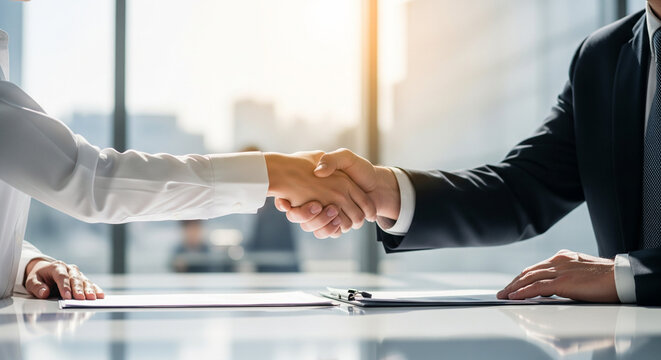 Close up of HR manager shaking hands with new employee after successful job interview, hiring best candidate and career concept