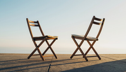 Two empty wooden folding chairs with light cushions stand on a concrete surface, overlooking a serene ocean or sea under a clear, bright sky, evoking a sense of calm and peaceful solitude.