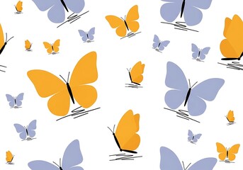 Abstract Seamless Pattern of Flying Butterflies in Orange and Soft Blue Colors.
