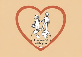 Loving couple standing on world globe encircled by big red heart outline.