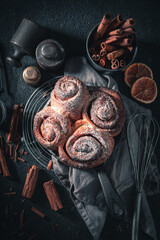 Traditionally cinnamon buns made of butter. Scandinavian dessert.