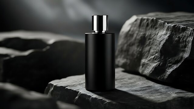 A black perfume bottle on a stone surface with a silver cap