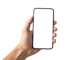 Hand holding smartphone screen isolated on transparent background