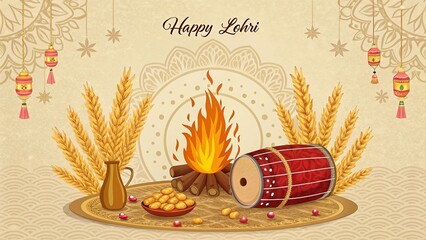 Colorful Lohri greeting showcasing harvest symbols and Punjabi culture.