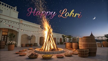 Traditional Lohri bonfire celebration glowing warmly under night sky.