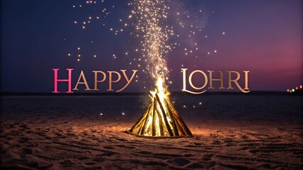 Traditional Lohri festival bonfire with sparks against dark sky.