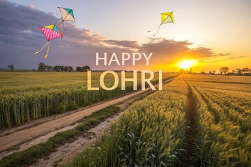 Lohri harvest festival over golden wheat fields at sunset.