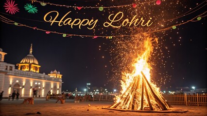 Festive Lohri night scene with bonfire and Punjabi traditions.